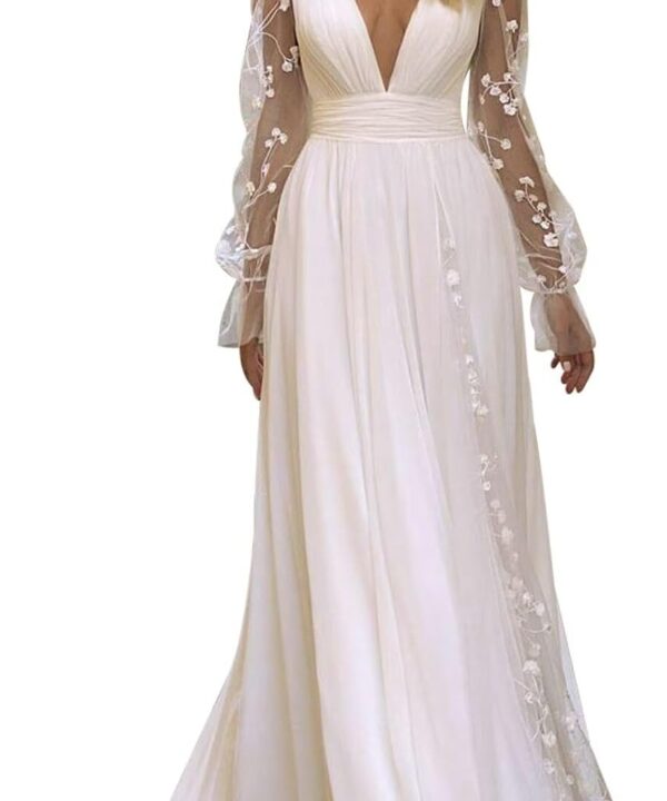 Long Sleeves Wedding Dresses for Bride Lace Chiffon A Line Long Beach Bridal Dress for Women