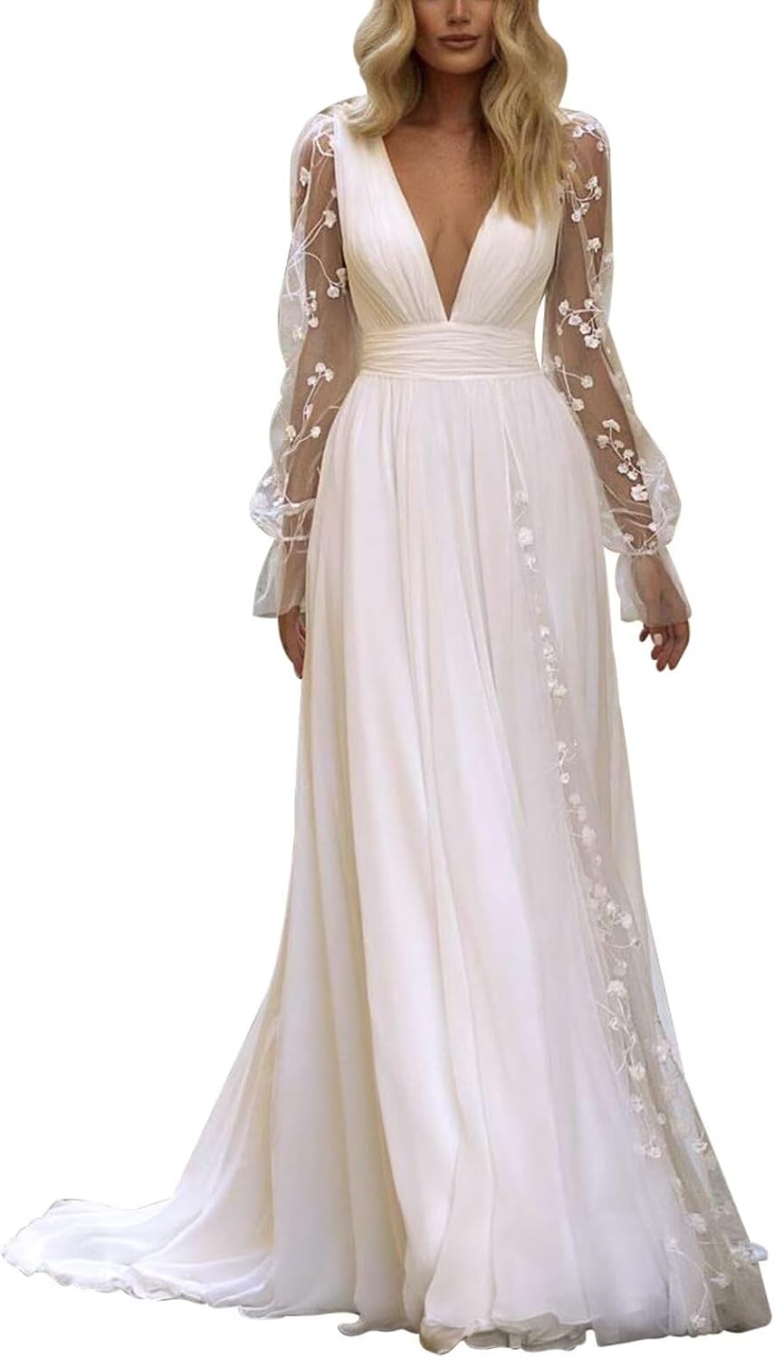 Long Sleeves Wedding Dresses for Bride Lace Chiffon A Line Long Beach Bridal Dress for Women