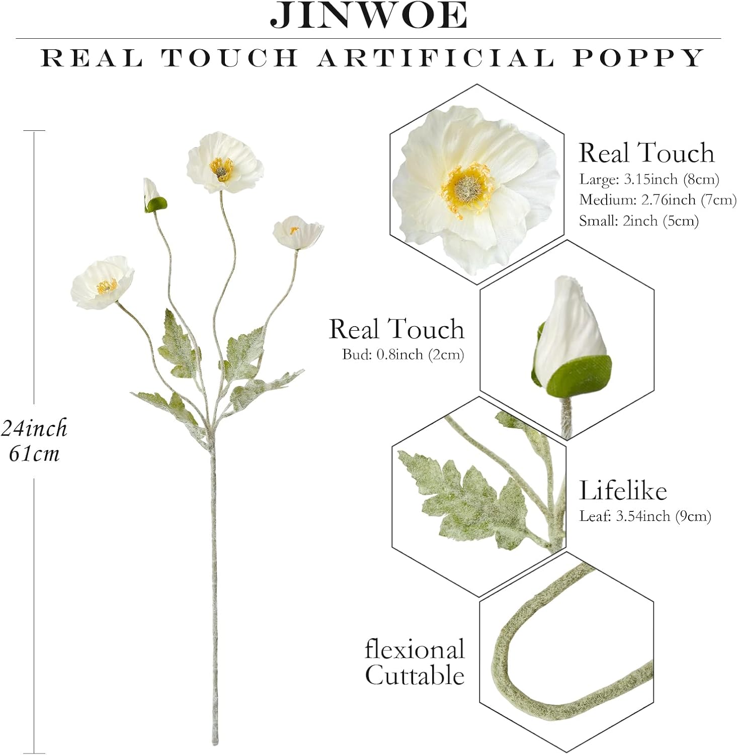 White Poppy Silk Flowers, 6pcs Lifelike Artificial Plants & Flowers, Faux Poppies Bouquet with Long Stems for Spring Kitchen Table Centerpiece Wedding Baby Shower Home Cemetery