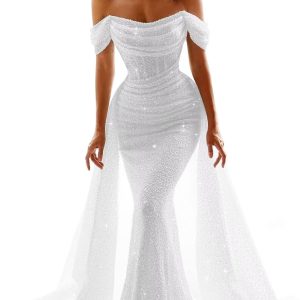 Sparkly Sequins Mermaid Prom Dresses for Women 2025 Off Shoulder Long Formal Evening Dress Detachable Train