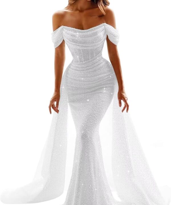 Sparkly Sequins Mermaid Prom Dresses for Women 2025 Off Shoulder Long Formal Evening Dress Detachable Train