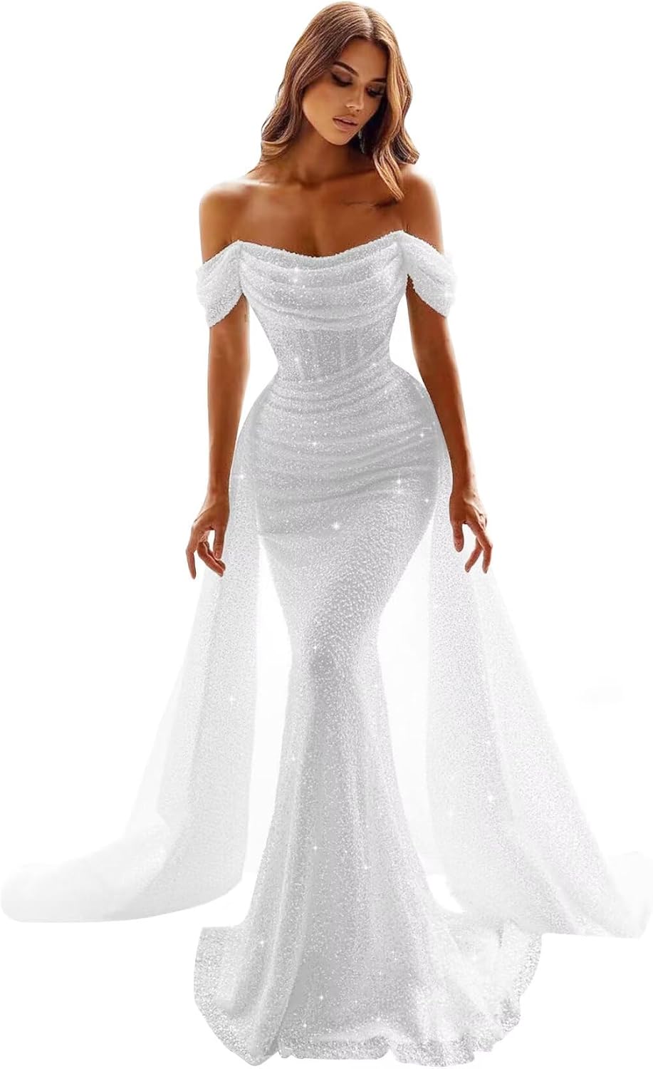 Sparkly Sequins Mermaid Prom Dresses for Women 2025 Off Shoulder Long Formal Evening Dress Detachable Train