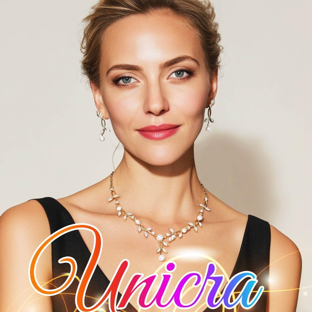 Unicra Gold Pearl Necklace Earrings Sets Rhinestone Bridal Wedding Jewelry Set Formal Prom Costume Jewelry Sets for Women and Brides