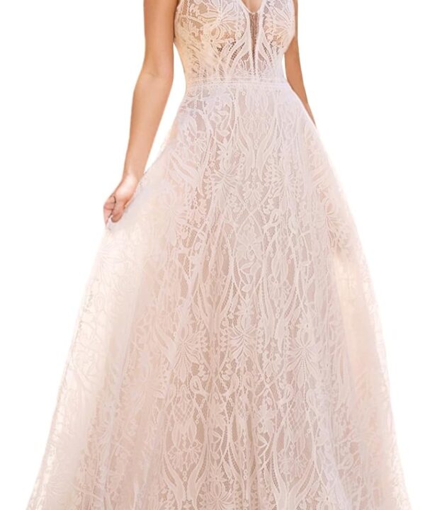 WIOJEIGO Women's Lace Boho Wedding Dress for Bride with Double Shoulders 2025 Bohemian Long A-Line Beach Bridal Gowns