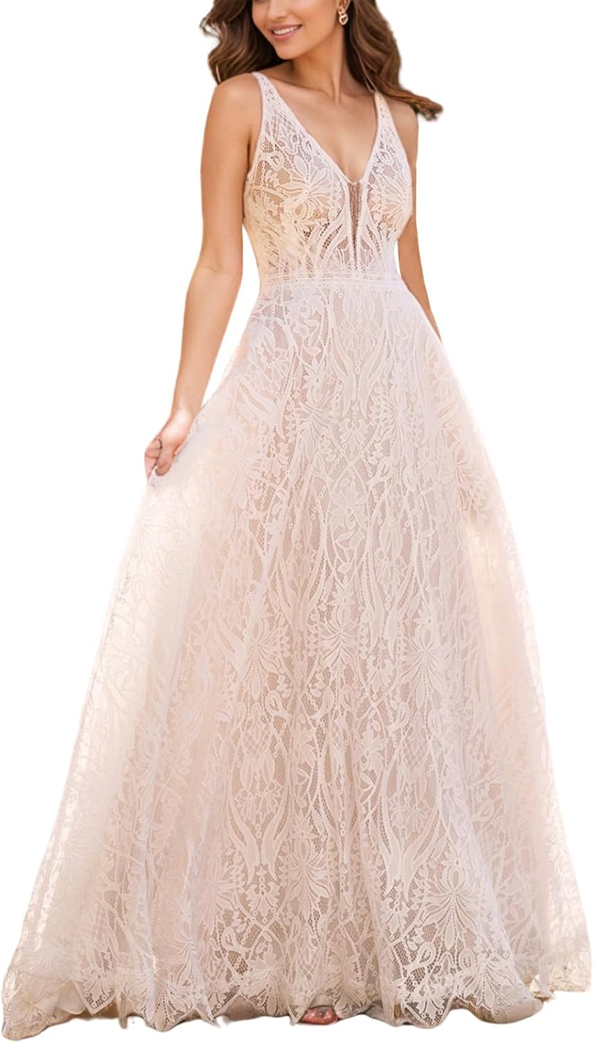 WIOJEIGO Women's Lace Boho Wedding Dress for Bride with Double Shoulders 2025 Bohemian Long A-Line Beach Bridal Gowns