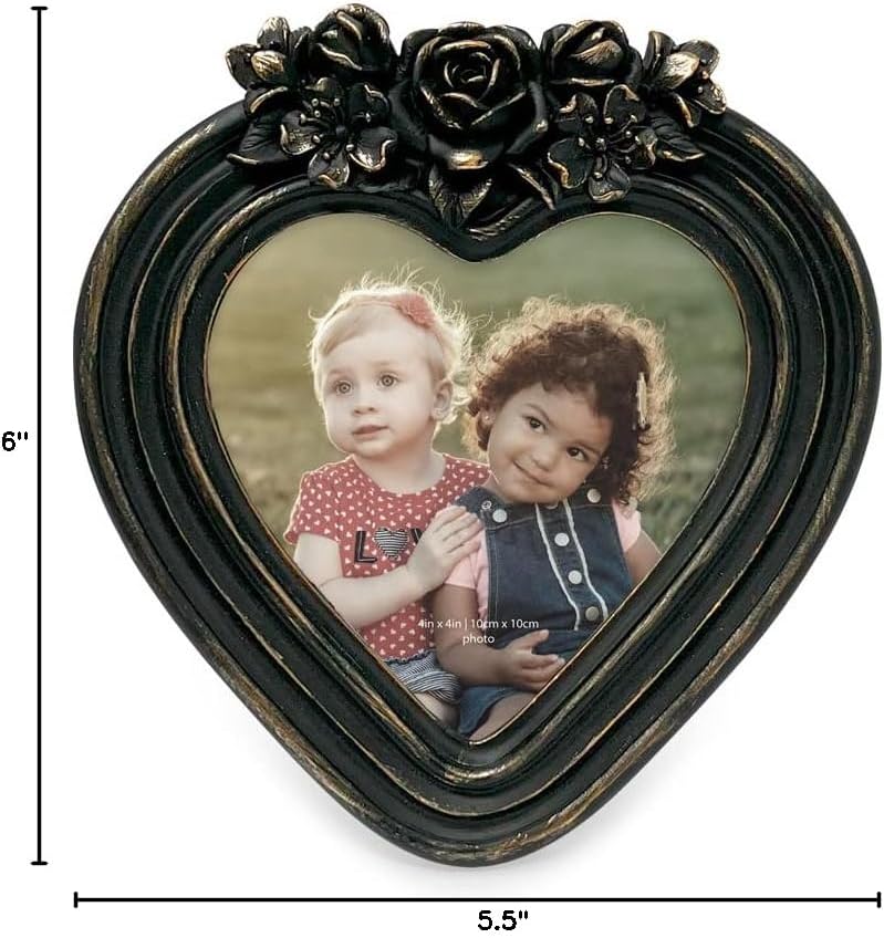 Isaac Jacobs 4×4 Heart-Shaped Resin Picture Frame with Rose Design, Decorative Photo Frame, Tabletop & Wall Display, Hanging Display & Home Décor (Black With Gold)