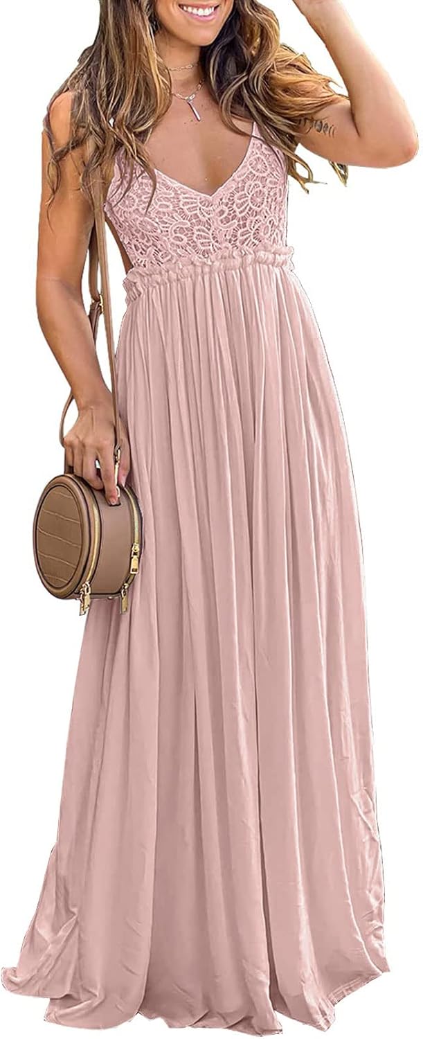 Ladmous Women's V Neck Floral Lace Wedding Dress Sleeveless Bridesmaid Evening Party Maxi Dress