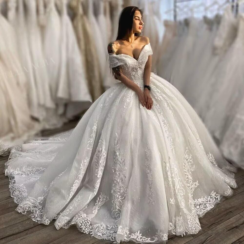 Zhangyo Off Shoulder Wedding Dresses with Train Puffy Lace Appliques Wedding Gown for Bride Princess Tulle Bridal Dress