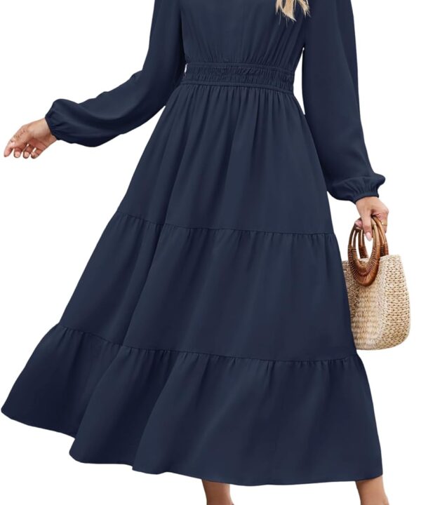 ZAFUL Womens Fall Maxi Dresses 2025 Puff Long Sleeve V Neck High Waist A Line Long Flowy Tiered Wedding Guest Dress Pockets