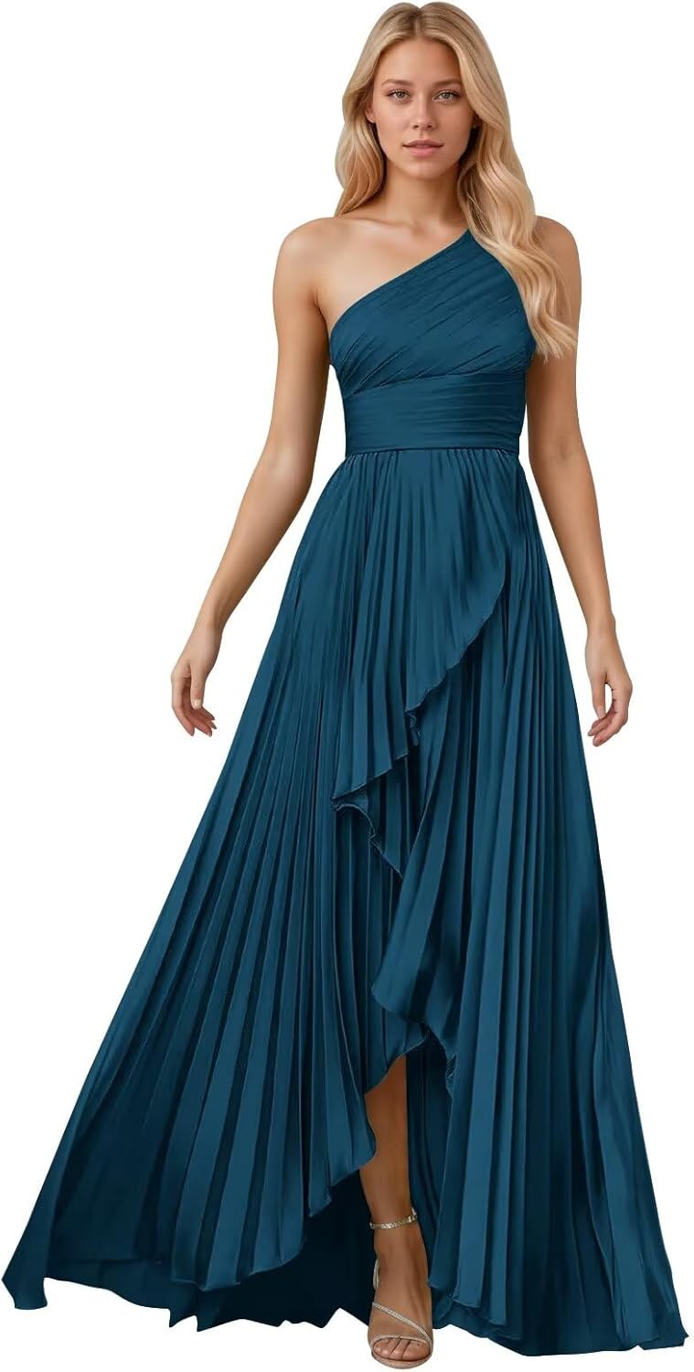 One Shoulder Bridesmaid Dresses for Women 2025 Long Satin High-Low Formal Wedding Guest Evening Dress