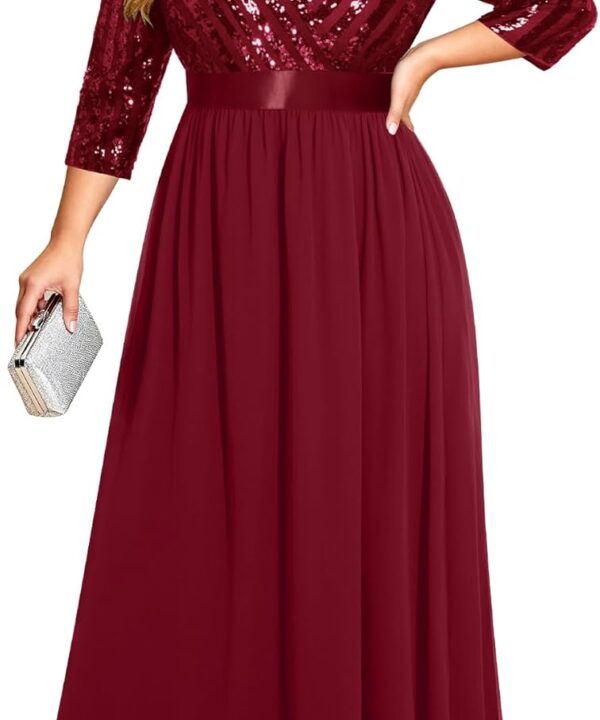 Womens Plus Size Formal Dresses - V Neck 3/4 Sleeve Sequin Prom Evening Gowns Long Maxi Dress