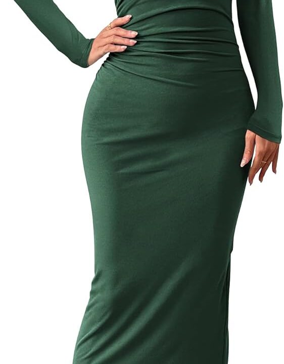 BTFBM Women Bodycon Maxi Dress Long Sleeve Back Slit Ruched Elegant Party Cocktail Formal Fall Wedding Guest Dresses