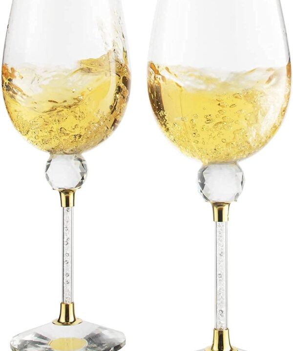 Rhinestone DIAMOND Studded Wine Glasses 16 Ounces - Set of 2 -Long Stem10-inches Tall, Gold and Laser Cut Sparkling Wine Wedding Glasses, Elegant Crystal - For Everyday, Weddings, Parties, Glassware