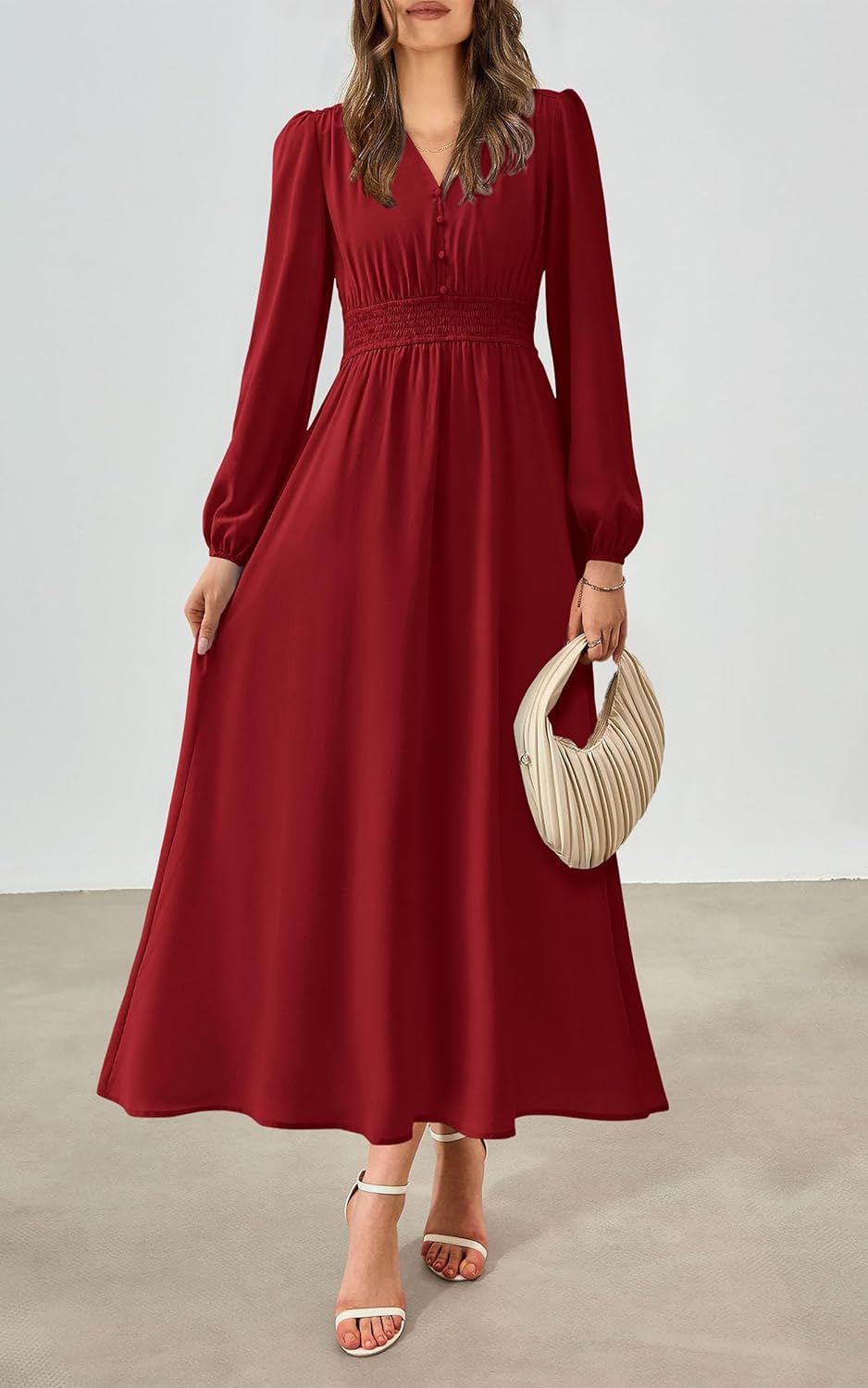 PRETTYGARDEN Womens Long Sleeve Maxi Dress 2025 Fall Trendy Elegant V Neck Flowy Wedding Guest Holiday Formal Long Dresses