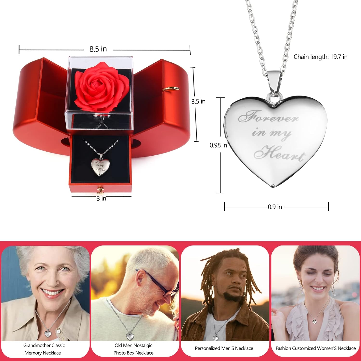 Forever Red Roses Heart Box to My Love Cherish These Preserved Roses with Custom Photo Necklace Eternal Flowers for Her Girlfriend Wife Mom Grandma