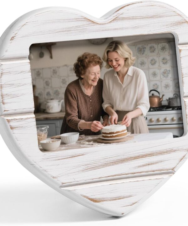 Afuly 4x6 Picture Frame Heart Shaped Farmhouse Distressed White Love Shabby Chic Photo Display Unique Rustic Tabletop Wall Hanging Home Decor Cute Wedding Artwork Anniversary for Couple Mom Grandma Family