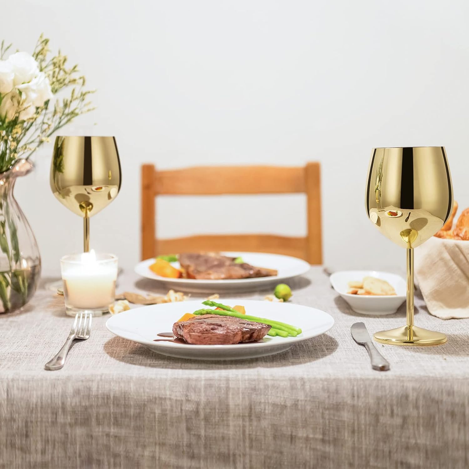 Lifecapido Stainless Steel Wine Glasses Set of 2, 18oz Stainless Steel Wine Goblets, Stemmed Metal Wine Glasses with Cup Brush for Party Office Wedding Anniversary, Great for Red White Wine (Gold)