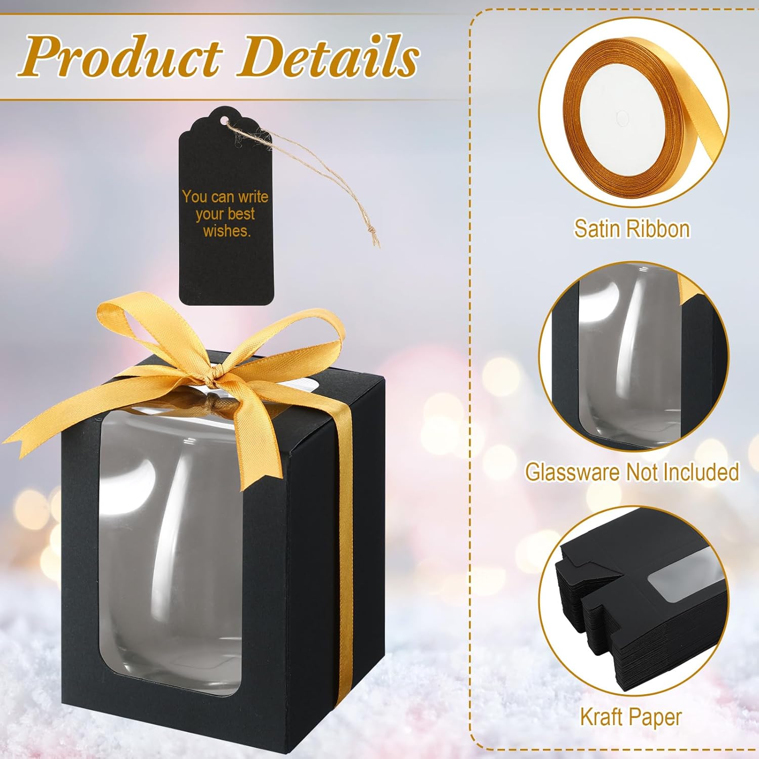 Fulmoon 50 Pack Gift Boxes for Wine Glass Transparent Gift 9 oz Stemless Glass Paper Packaging Box with Ribbon Tag Hemp Rope for Wedding Bridal Shower Baby Shower Birthday(Black)