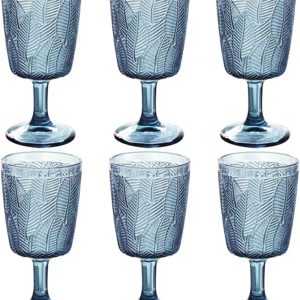 Blue Wine Glasses set of 6 Colored Goblets Drinking Vintage Embossed Glassware 11 OZ Pretty Water Stemmed Cup for Wedding Party Bar