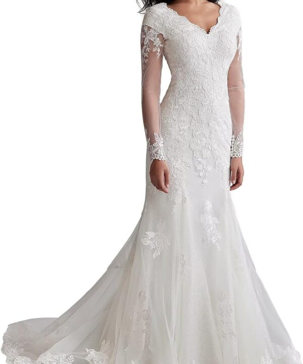 Long Sleeve Wedding Dresses for Bride Mermaid Lace Sparkly Tulle V-Neck Full Back Bridal Ball Gown