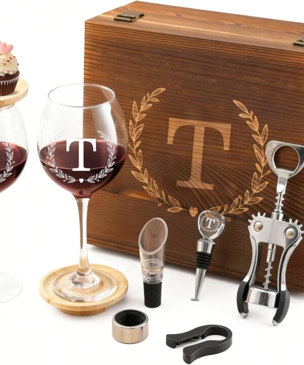 GZLDGIFTS Personalized Initial Wine Glasses Box Gift Set For Women Mom Engraved Birthday Monogrammed Wooden Christmas Gifts Wedding Anniversary Wine Couples Stopper Opener Initial Letterr (T Set)