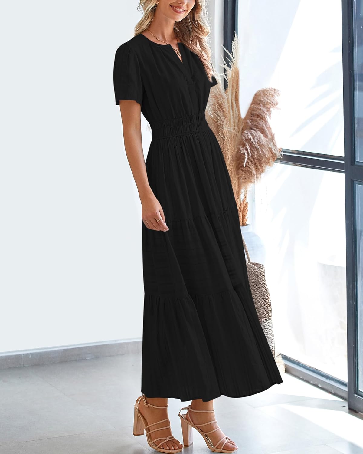 BTFBM Womens Summer 2025 Casual Midi Maxi Dresses Lightweight Short Sleeve V Neck Elastic Waist Boho Beach Dress Pockets