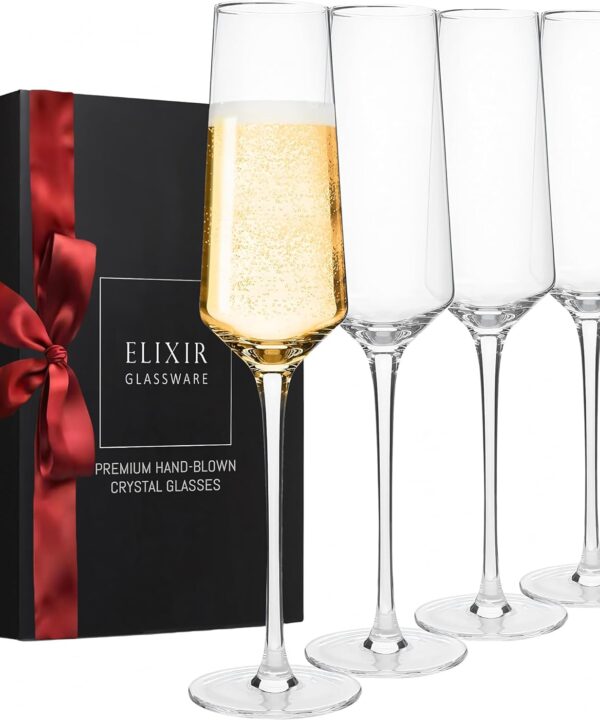 ELIXIR GLASSWARE Classy Champagne Flutes - 8 oz - Set of 4 Elegant Flute Wine Glasses - Hand Blown Crystal Champagne Glasses - Wedding Gifts for Couples, Engagement Gift, Housewarming Gifts