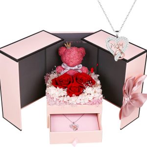IDFALKFD Preserved Rose Gifts Set includes 925 Sterling Silver Necklace with Heart and Mom Jewelry Design, Mothers Day Birthday Christmas Valentines Gifts for Mom from Daughter and Son
