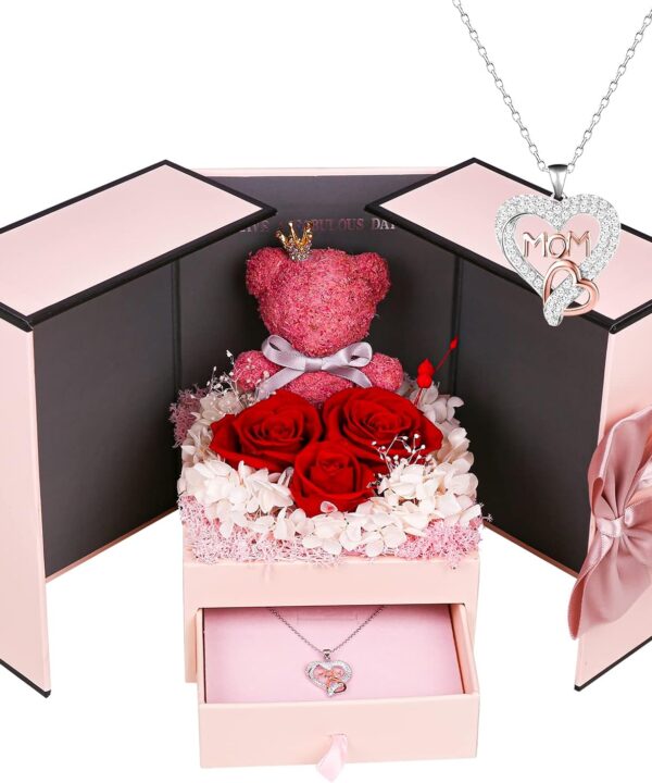 IDFALKFD Preserved Rose Gifts Set includes 925 Sterling Silver Necklace with Heart and Mom Jewelry Design, Mothers Day Birthday Christmas Valentines Gifts for Mom from Daughter and Son