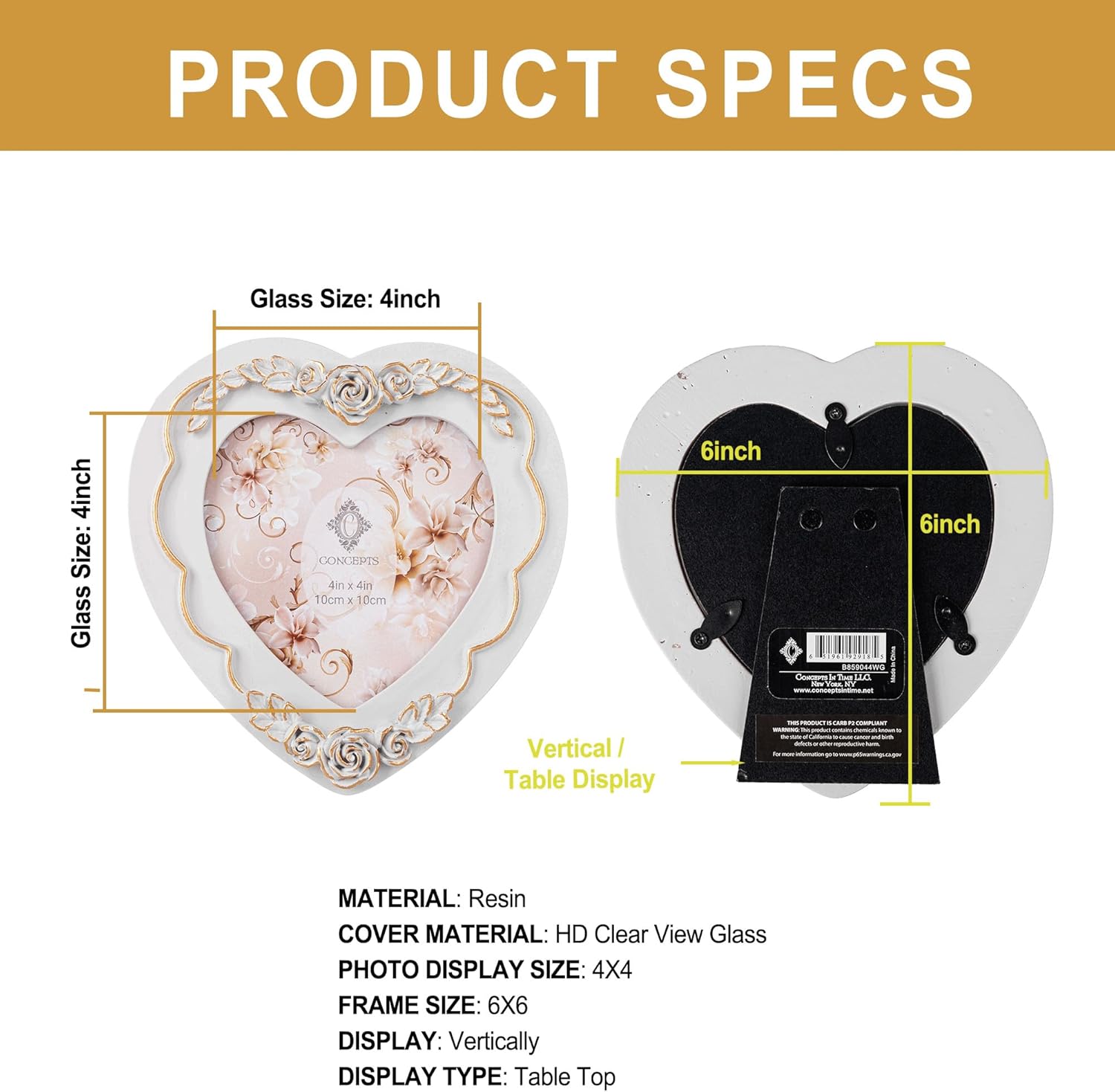 Concepts 4×4 White And Gold Resin Heart Shaped Picture Frame With HD Clear Glass, Extra Durable Photo Frames – Tabletop Display (White, 1 Pack)
