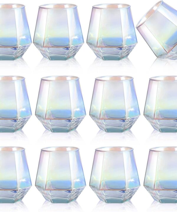 Zopeal Set of 12 Iridescent Stemless Wine Glass 10.5 oz Rainbow Glassware Cup for Cocktail Whiskey Christmas Wedding Birthday Party Home Bar Housewarming Gift