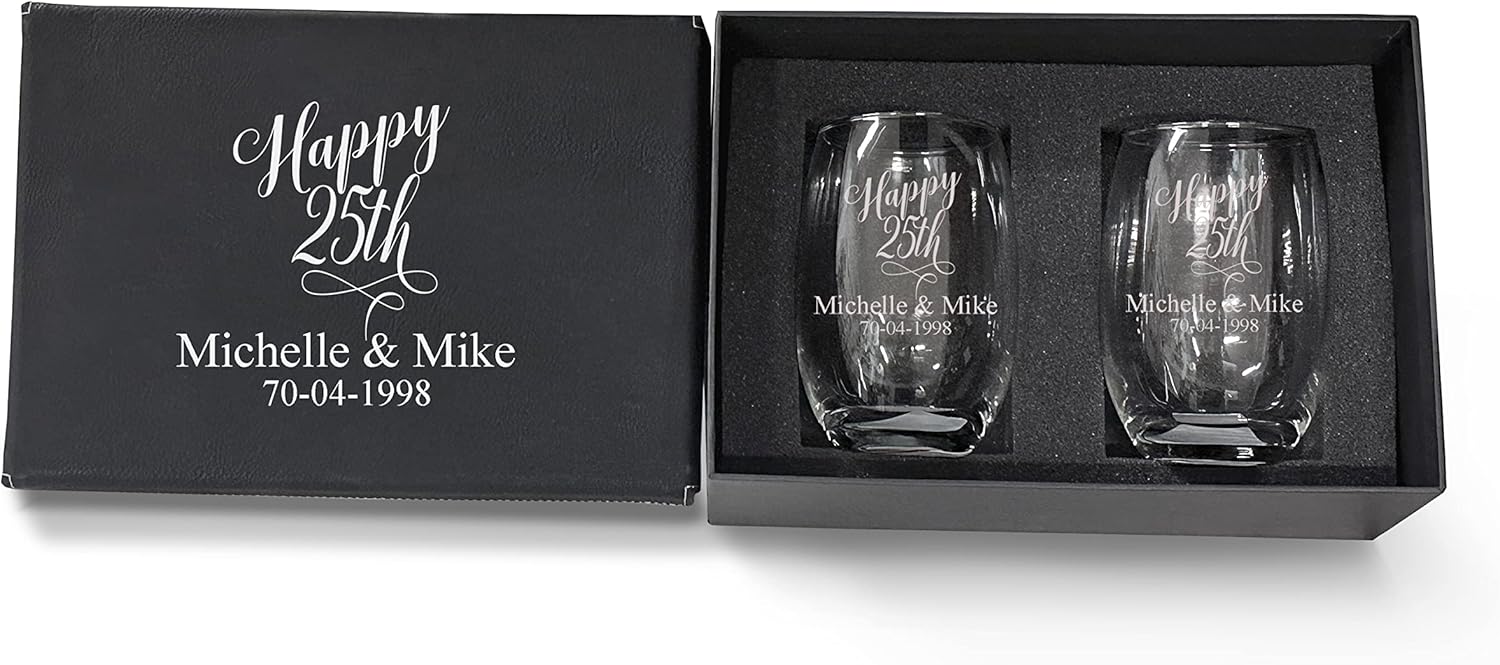 25th Anniversary Couple wine glasses, 20oz Etched Stemless Wine Glasses for Couples, Perfect Engagement Glasses,Bridal shower Gift