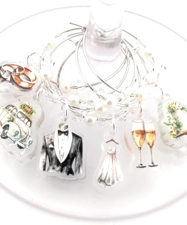 Wedding Theme Wine Glass Charms Set with Tuxedo, Wedding Dress, Rings, Champagne, Car and Cake Designs, Silver-Tone with Pearl Accents, Engagement Party, Bridal Shower and Gifts - 6 Pack