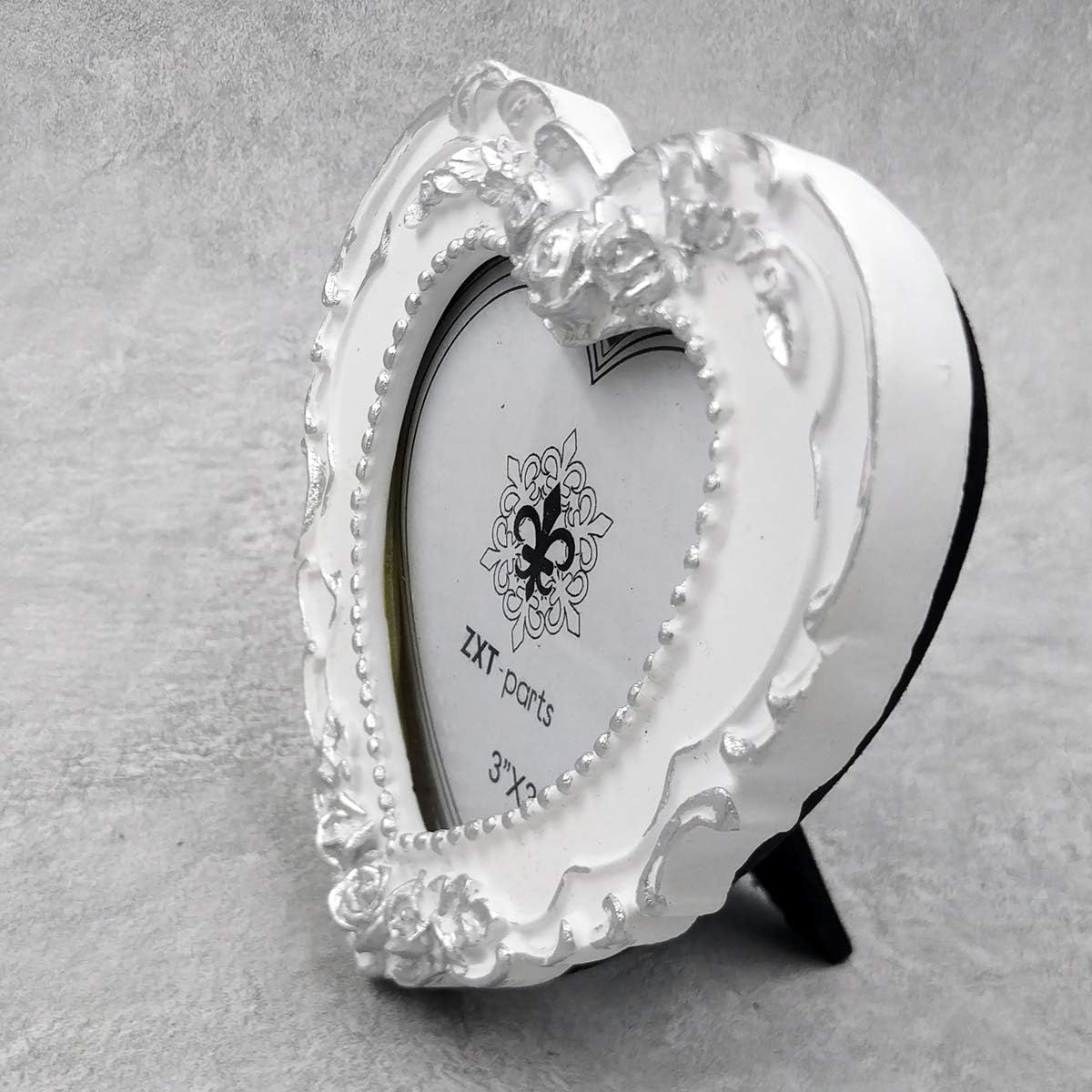 ZXT-parts 3×3 Picture Frame Heart White and Silver Edge Frame. Resin Handmade Photo Frame. Glass Panel. Black Suede Cover.European Style Suitable for Wall or Desktop.