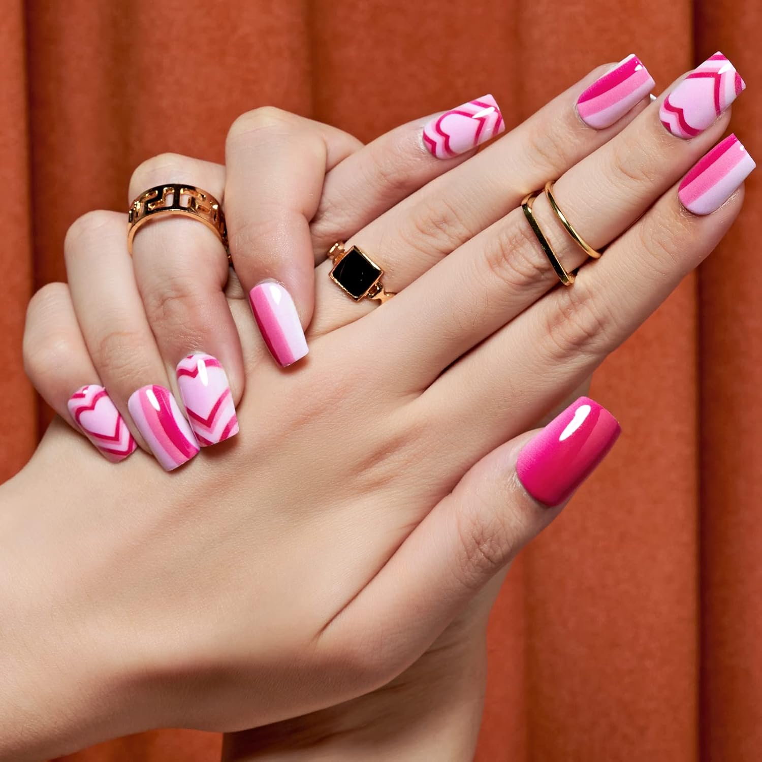 GLAMERMAID Hot Pink Ombre Press on Nails Medium Square, Color Gel False Nals, Valentine Colorful Glue on Nails Kit for Women, Pop Comic Sweet Reusable Stick on Acrylic Fake Nails Manicure Set