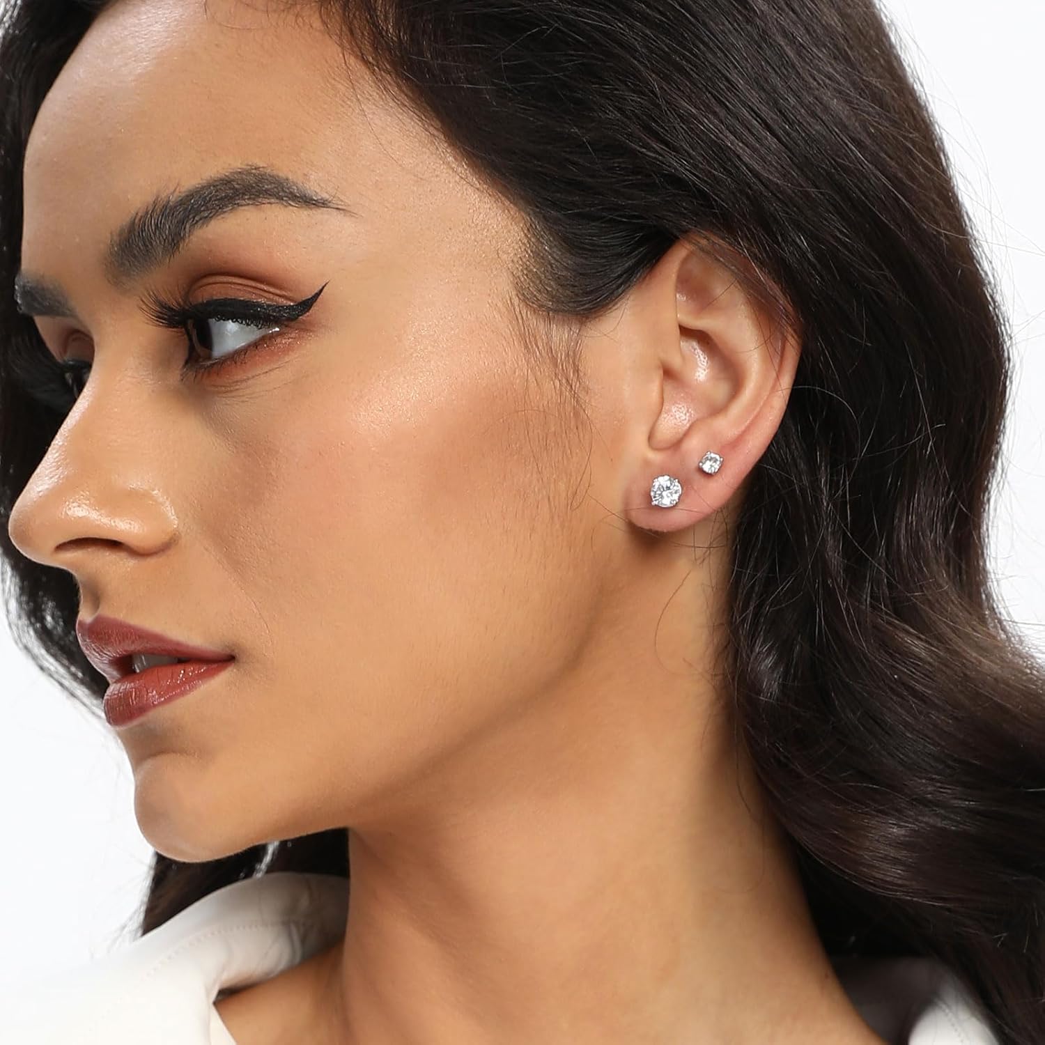 18K White Gold Plated 4 Pong Round Clear Cubic Zirconia Stud Earring Pack of 6 Pairs (6 Pairs)