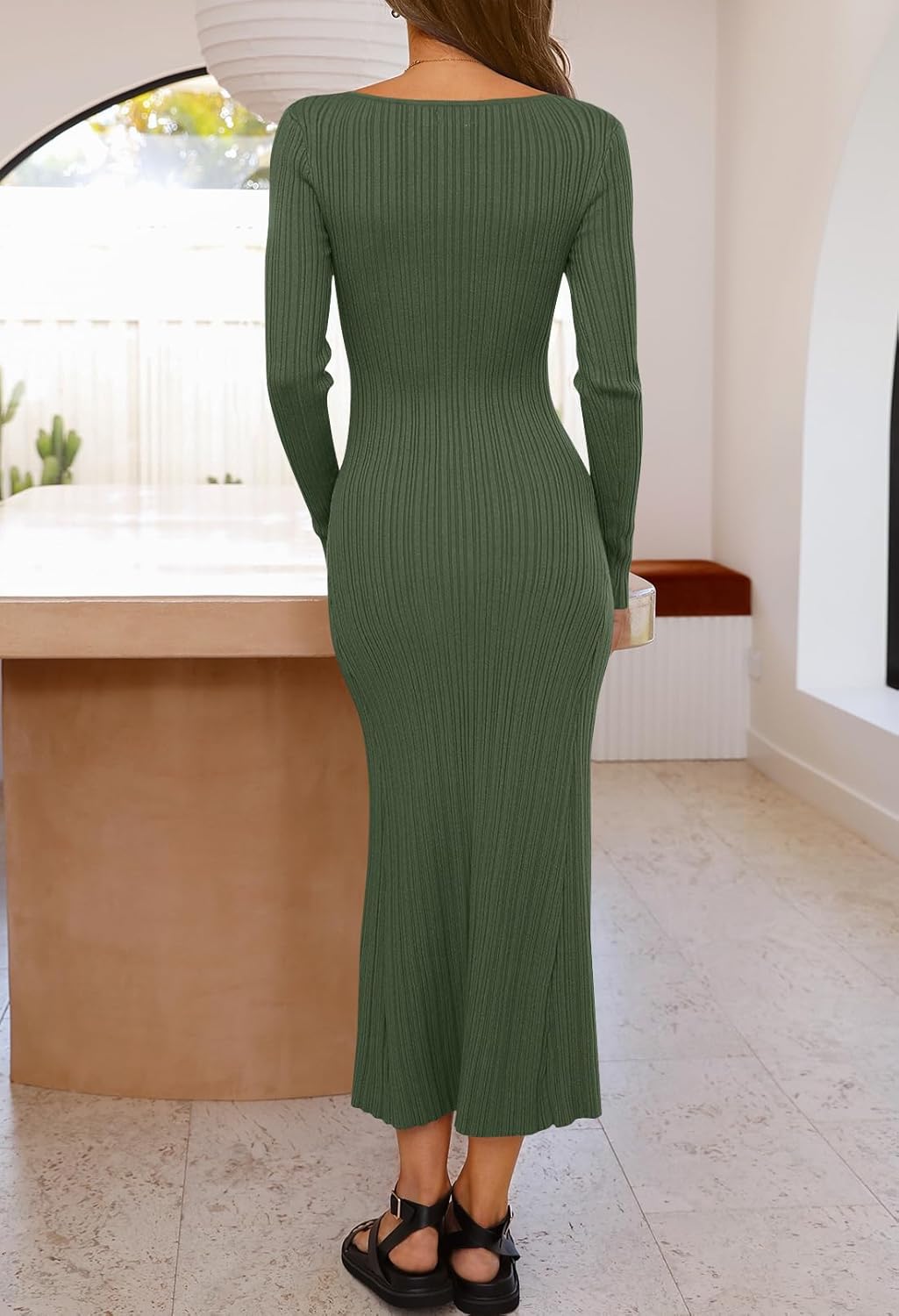 MEROKEETY Womens 2025 Long Sleeve Bodycon Sweater Dress Fall Winter Crew Neck Ribbed Knit Maxi Dresses