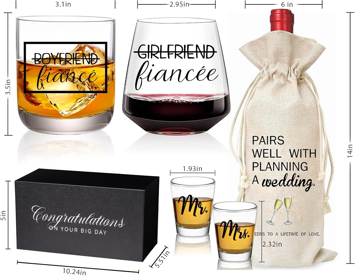 comfit Fianc Engagement Gifts for Couples – Stemless Engagement Wine & Whiskey Glasses for Newly Engaged Couples, Mr and Mrs, Wedding Planning Wine Bag