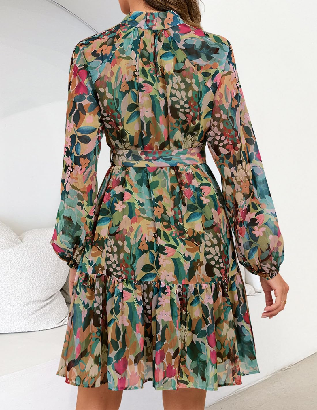 ZESICA Womens Fall Floral Mini Dress 2025 Long Sleeve Button Down Chiffon A Line Flowy Short Shirt Dresses with Belt