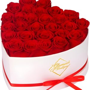 GLAMOUR BOUTIQUE Preserved Roses in a Box - Gifts for Her, Wife & Mom, Rose Flowers Forever Decor for Birthday Gift, Get Well Flower Bouquet Cased in White Box with Cover - Red - 27-Piece