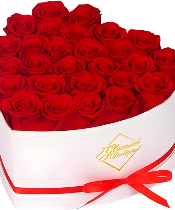 GLAMOUR BOUTIQUE Preserved Roses in a Box - Gifts for Her, Wife & Mom, Rose Flowers Forever Decor for Birthday Gift, Get Well Flower Bouquet Cased in White Box with Cover - Red - 27-Piece