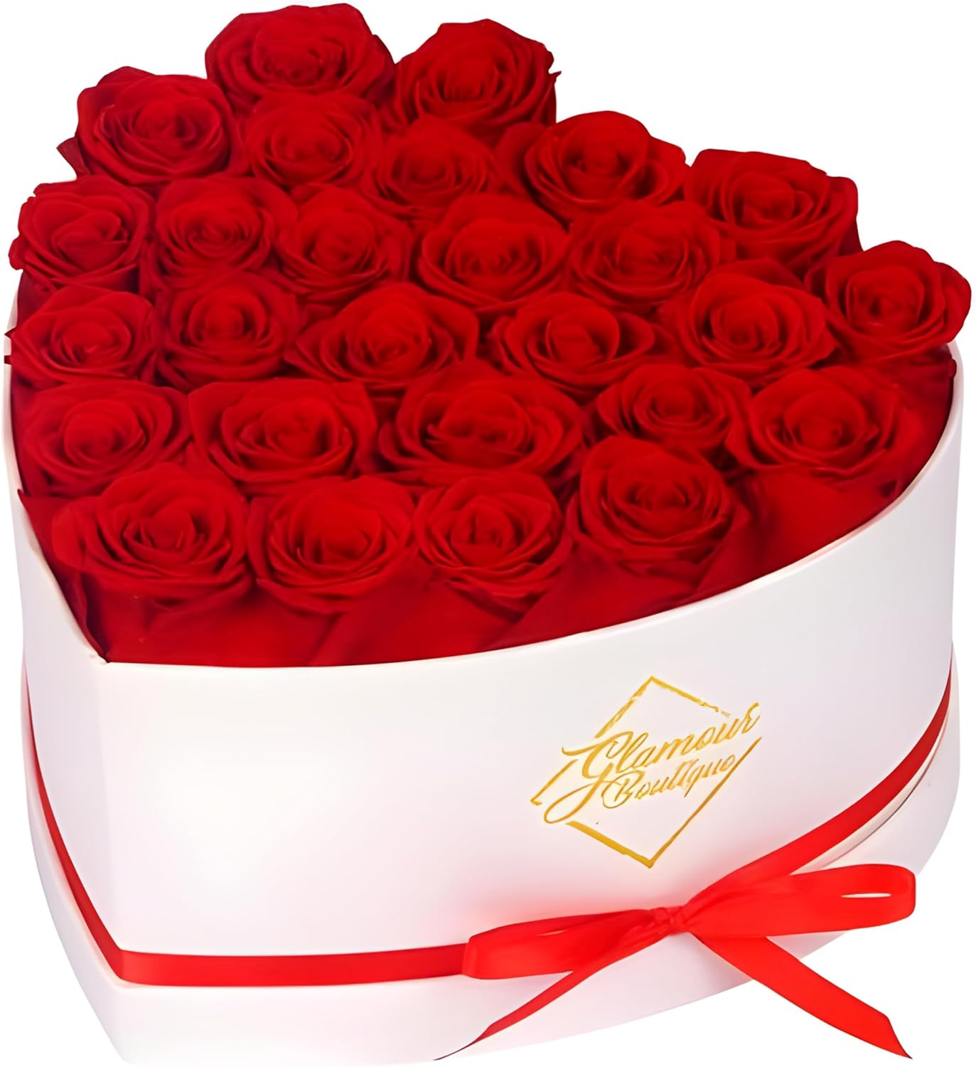 GLAMOUR BOUTIQUE Preserved Roses in a Box - Gifts for Her, Wife & Mom, Rose Flowers Forever Decor for Birthday Gift, Get Well Flower Bouquet Cased in White Box with Cover - Red - 27-Piece