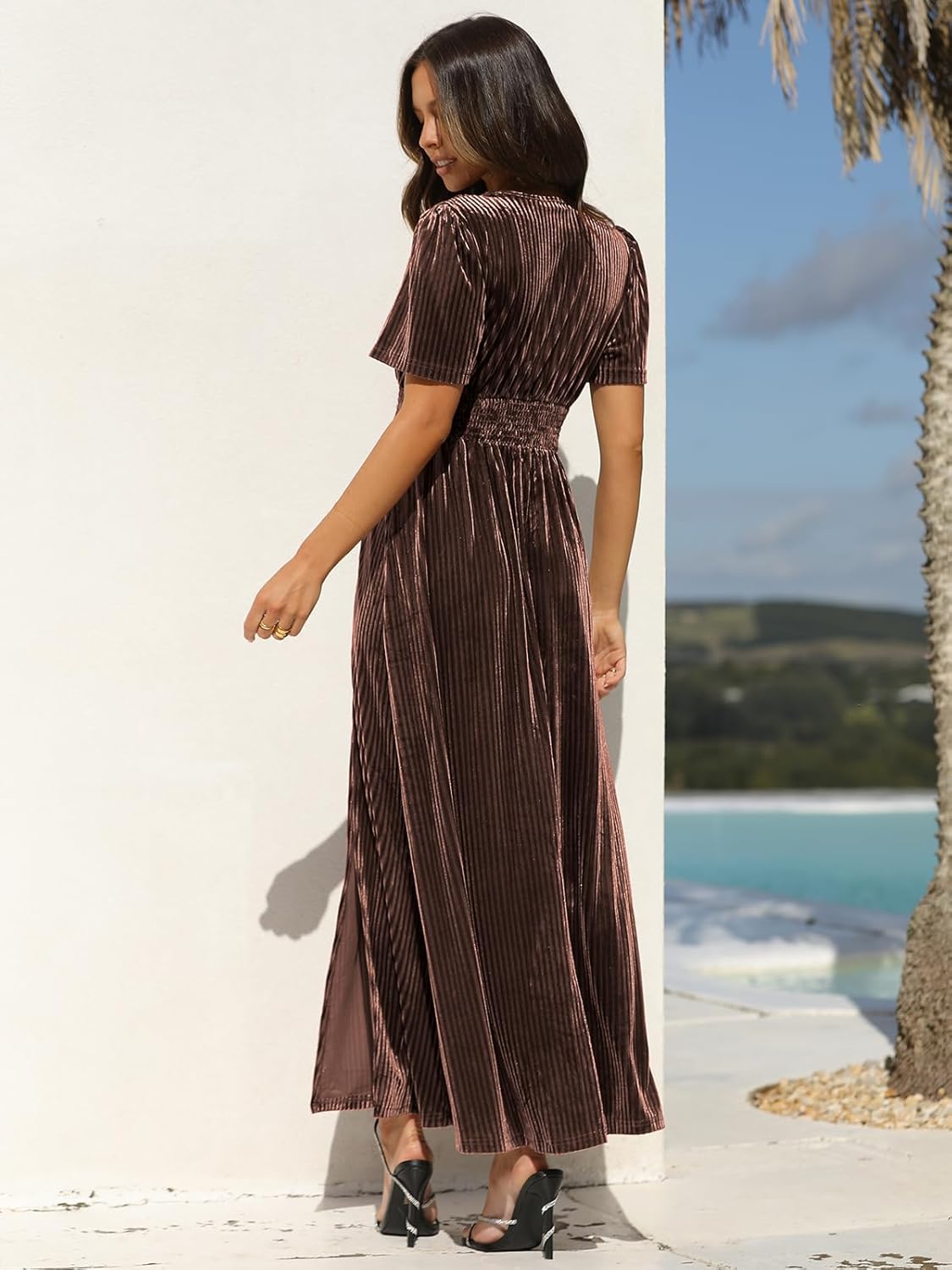 Sissyaki Women’s Retro V-Neck Velvet Maxi Dress Wedding Guest Formal Party Long Dresses