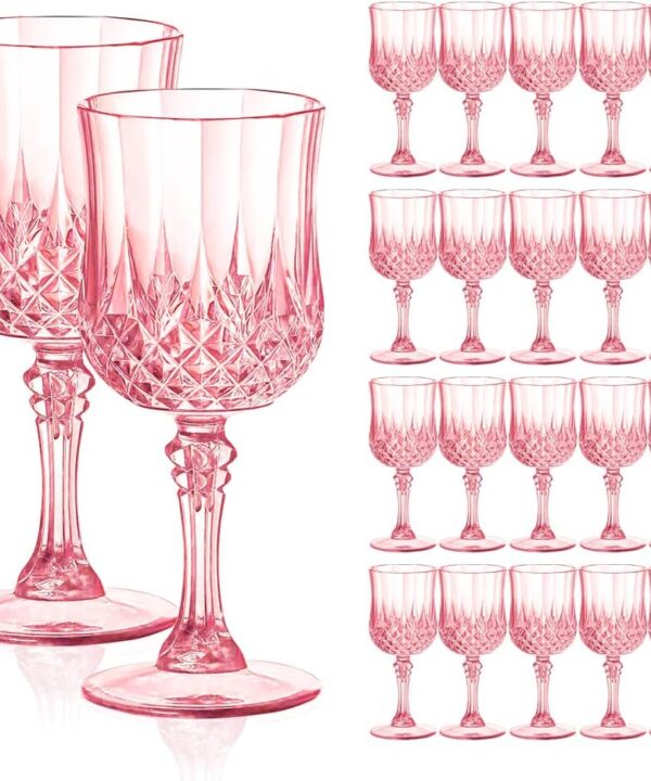 Plastic Goblets Plastic Wine Glasses 24 PCS, 7oz Pink Goblets Glassware Disposable Cups for Wedding Reception, Grand Event Party Supplies