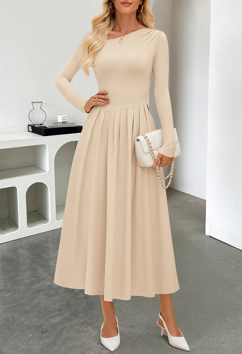 MEROKEETY Women’s Fall Long Sleeve Wedding Guest Dresses 2025 One Shoulder Elegant Formal Pleated Midi Maxi Dress