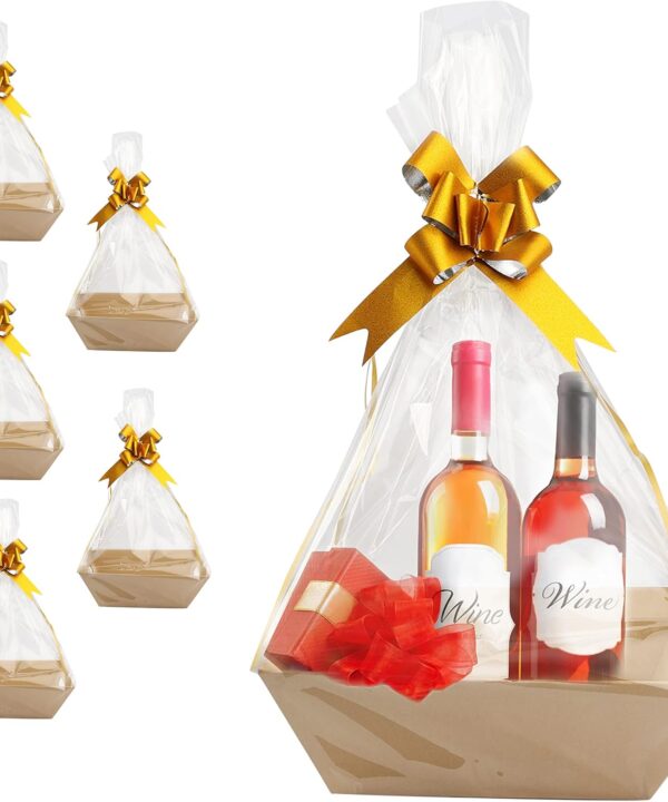 Kraft Gift Wine Basket Kit with Basket Empty, Bags, Gold Pull Bows | Christmas, Easter, Occasions | Gift to Impress - Upper Midland, [5 Pk] 8x10”