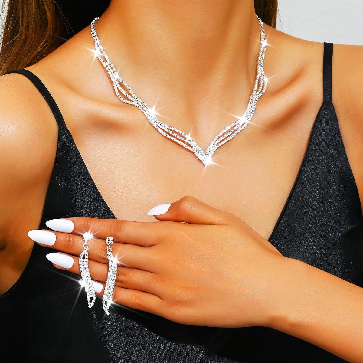 Silver V Shaped Necklace Rhinestone Necklace And Earring Set Wedding Bridal Sparkly Crystal Necklaces for Women