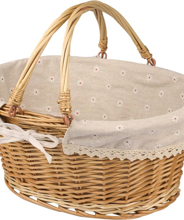 Large Multipurpose Wicker Basket with Handle, 14.2 x 11 x 6.7 in Wicker Picnic Basket with Liner, Empty Gift Basket, Oval Willow Woven Basket for Fruit, Wine, Gathering, Wedding, Picnic, by GNIEMCKIN