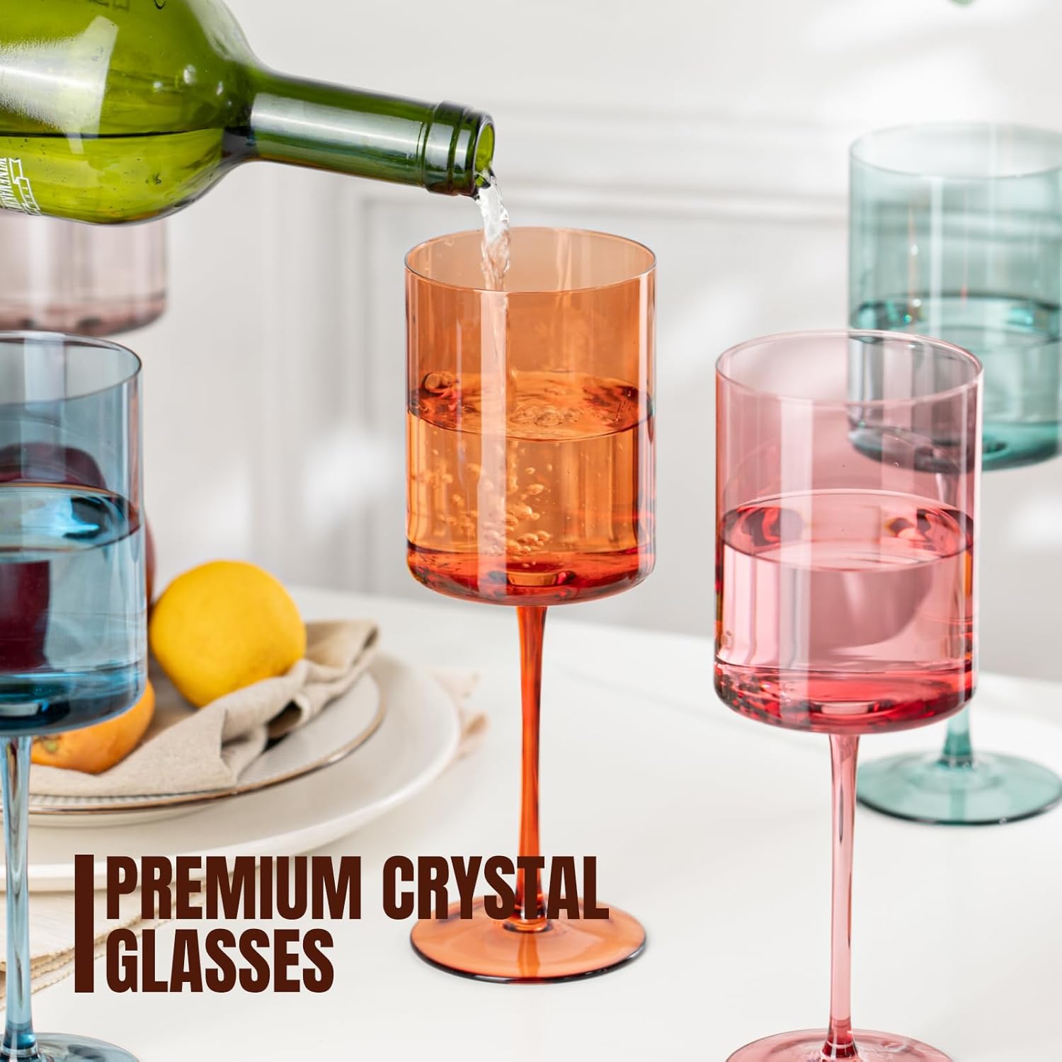 Chouggo Colored Square Wine Glasses Set of 6, Hand Blown Long Stem Premium Crystal White Red Wine Glass, Great Gifts for Wife & Mom, Wedding, Anniversary, Christmas, Birthday