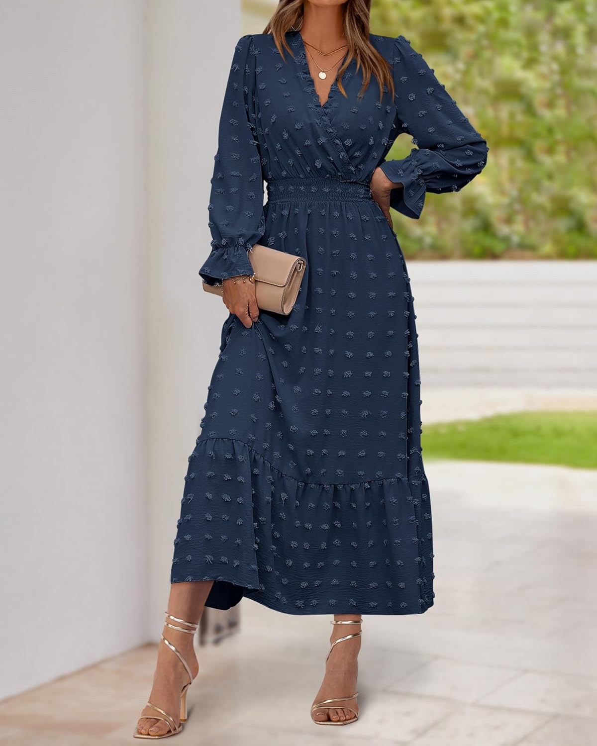 BTFBM Women Fall Maxi Dresses 2025 Long Sleeve V Neck Swiss Dots High Waisted A-Line Ruffle Boho Long Dress Vacation